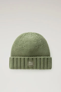 Woolrich Berretto In Pura Lana Vergine Merino Con Logo - Uomo - Verde