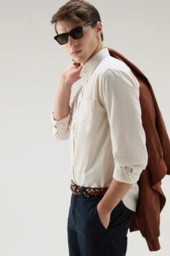 Woolrich Camicia A Righe In Misto Lino E Cotone - Uomo - Beige -Offerta Economica Vestiario CFWOSI0109MRUT3377 4384 3