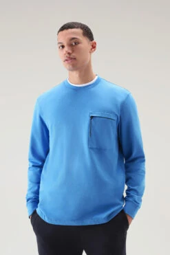 Woolrich Felpa Girocollo In Puro Cotone Con Tasca Con Zip - Uomo - Blu