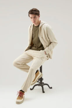 Woolrich Felpa Con Cappuccio E Zip In Misto Cotone E Lino - Uomo - Beige