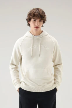 Woolrich Felpa Con Cappuccio Varsity In Puro Cotone Tinto In Capo - Uomo - Bianco