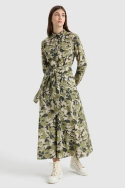 Woolrich Vestito Wilderness Lungo In Popeline Di Cotone - Donna - Verde