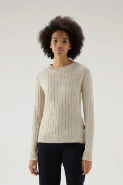 Woolrich Maglia Girocollo A Coste In Puro Cotone - Donna - Beige