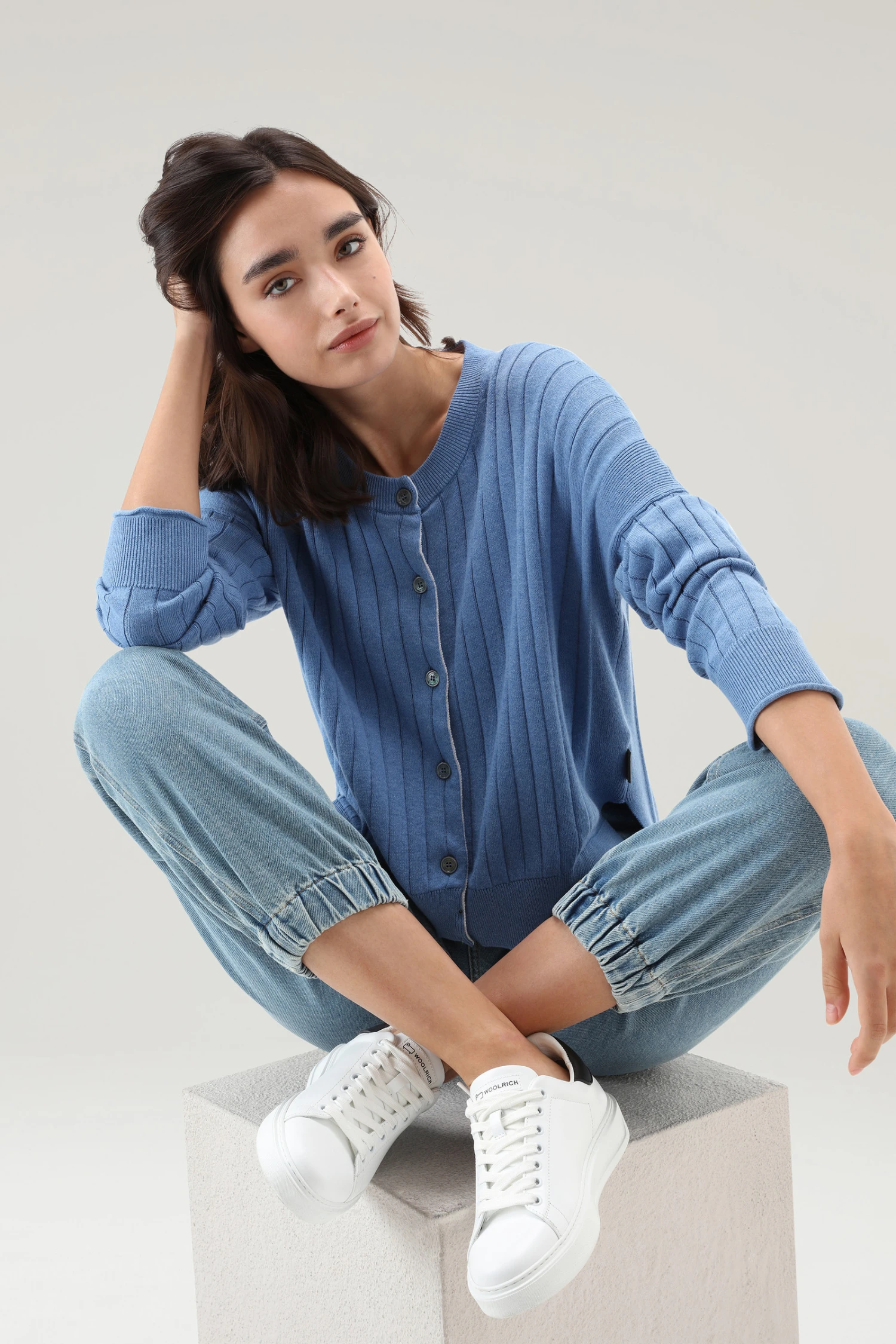 Woolrich Cardigan In Puro Cotone A Coste Larghe - Donna - Blu 6 Woolrich Cardigan In Puro Cotone A Coste Larghe - Donna - Blu - immagine 4