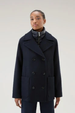 Woolrich Cappotto Sideline 2 In 1 In Misto Lana Riciclata Manteco - Donna - Blu