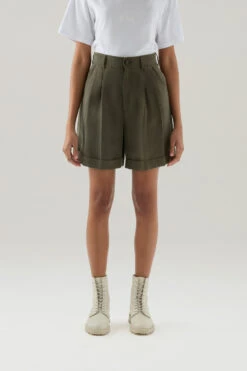 Woolrich Pantaloncini In Misto Lino Con Tasche - Donna - Verde