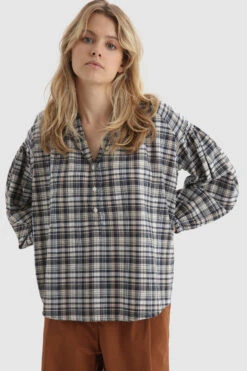 Woolrich Blusa In Misto Lino Con Stampa A Quadri - Donna - Blu