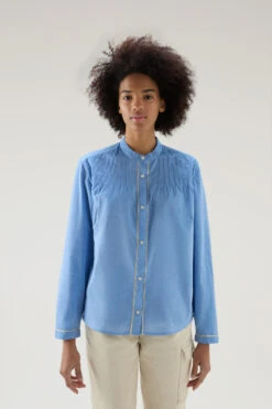 Woolrich Camicetta Pintuck In Chambray Di Puro Cotone - Donna - Blu