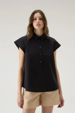 Woolrich Blusa A Maniche Corte In Popeline Di Puro Cotone - Donna - Nero