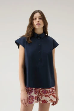 Woolrich Blusa A Maniche Corte In Popeline Di Puro Cotone - Donna - Blu