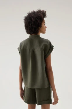 Woolrich Blusa A Maniche Corte In Misto Lino - Donna - Verde -Offerta Economica Vestiario CFWWSI0163FRUT3043 614 2