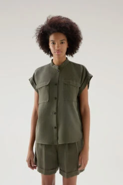 Woolrich Blusa A Maniche Corte In Misto Lino - Donna - Verde