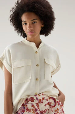 Woolrich Blusa A Maniche Corte In Misto Lino - Donna - Bianco -Offerta Economica Vestiario CFWWSI0163FRUT3043 8743 3