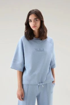 Woolrich Felpa In Puro Cotone Con Maniche A Tre Quarti - Donna - Blu