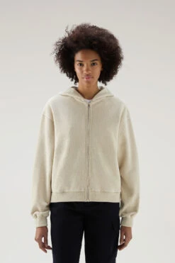 Woolrich Felpa Con Zip E Cappuccio In Misto Cotone E Lino - Donna - Beige