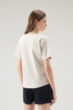 Woolrich T-shirt Con Scollo A V In Misto Cotone E Lino - Donna - Beige -Offerta Economica Vestiario CFWWTE0075FRUT3457 4377 2