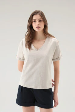 Woolrich T-shirt Con Scollo A V In Misto Cotone E Lino - Donna - Beige