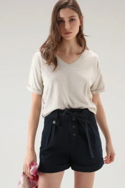 Woolrich T-shirt Con Scollo A V In Misto Cotone E Lino - Donna - Beige -Offerta Economica Vestiario CFWWTE0075FRUT3457 4377 3