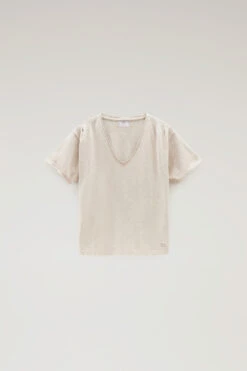 Woolrich T-shirt Con Scollo A V In Misto Cotone E Lino - Donna - Beige -Offerta Economica Vestiario CFWWTE0075FRUT3457 4377 4