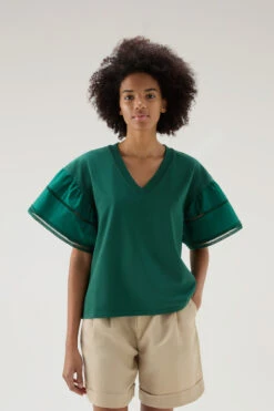 Woolrich T-shirt Lakeside In Puro Cotone Con Maniche A Palloncino - Donna - Verde