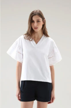 Woolrich T-shirt Lakeside In Puro Cotone Con Maniche A Palloncino - Donna - Bianco
