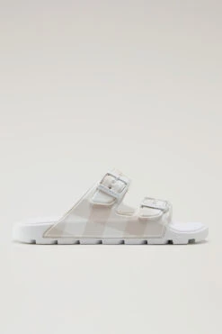 Sandali In Pelle Vegana Con Motivo A Quadri E Doppia Fibbia - Donna - Bianco